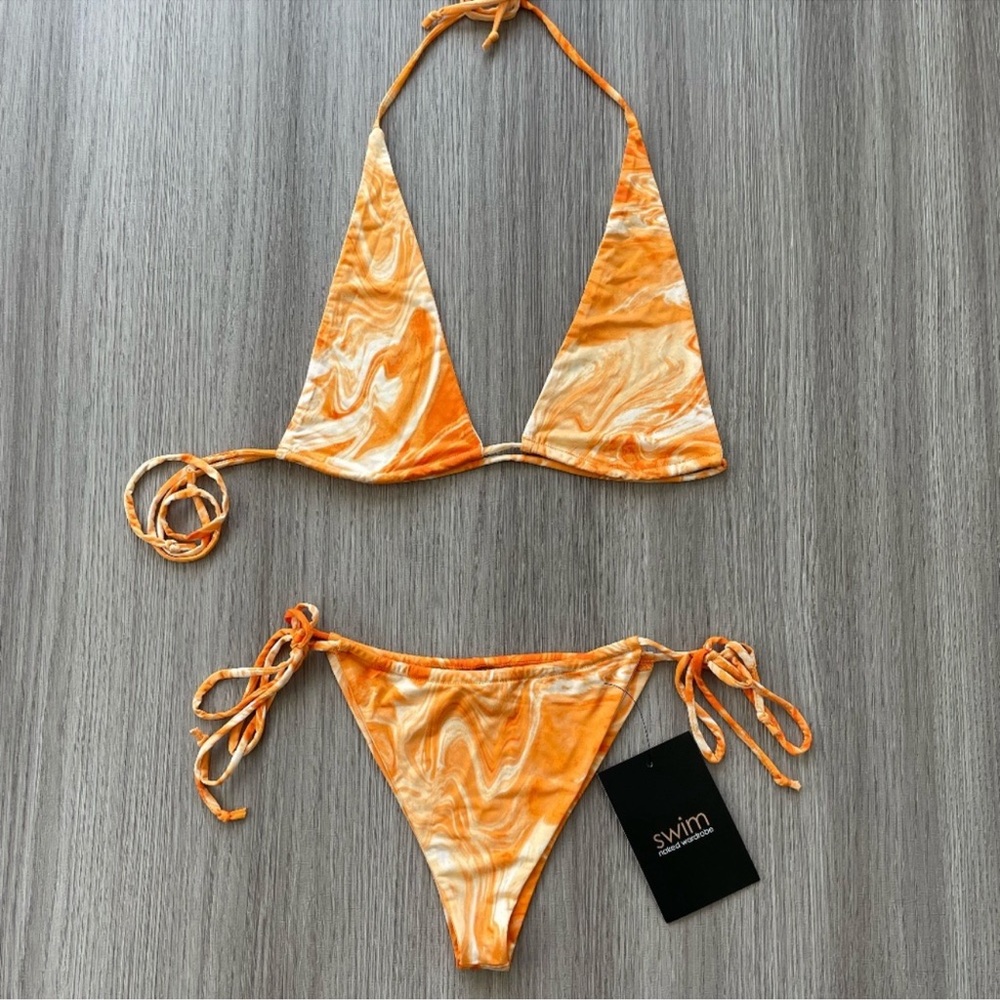 NWT Naked Wardrobe Dreamsicle String Bikini Orange & White Small
